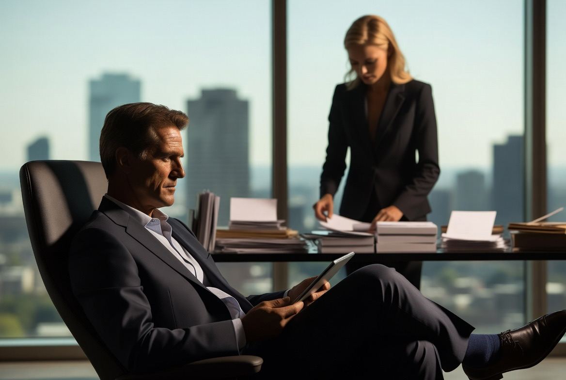 Executive seated with a tablet in a high-rise office while an assistant sorts paperwork at the desk behind him.