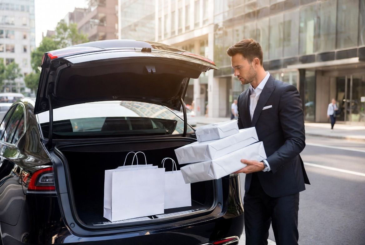 Concierge in a dark suit loading wrapped return parcels and shopping bags into the open trunk of a black sedan on a city street.