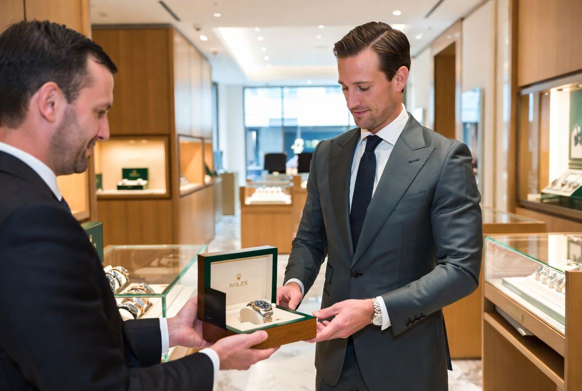 Concierge in a tailored charcoal suit receiving a boxed luxury watch from a boutique associate across a lit display case.